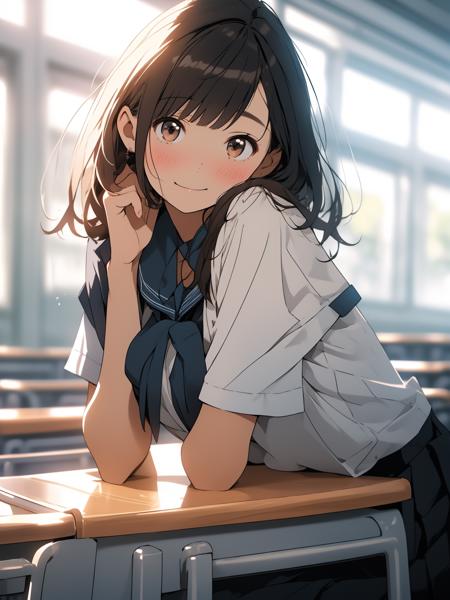 18558-1493000638-,1girl, solo, skirt, indoors, desk, looking at viewer, shirt, window, short sleeves, school desk, brown hair, classroom, brown e.png